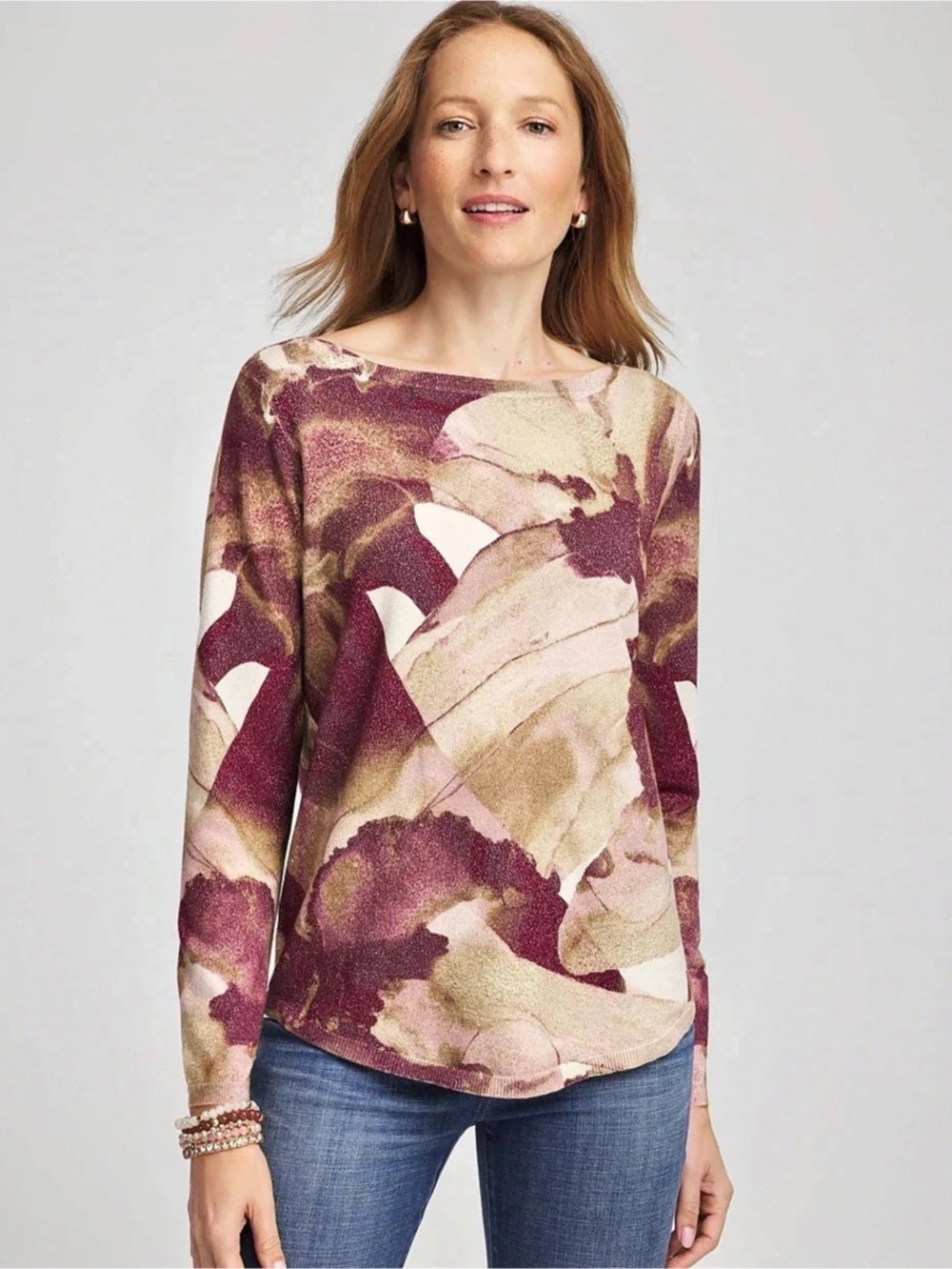 Chico's New Medium Pullover Sweater Abstract Long Sleeve Top Fall Burgundy Pink